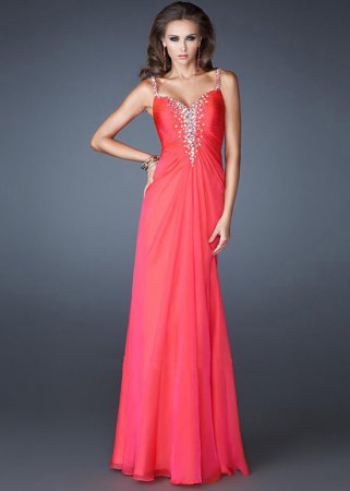 Chiffon Watermelon Criss Cross Beaded Straps Long Prom Dress